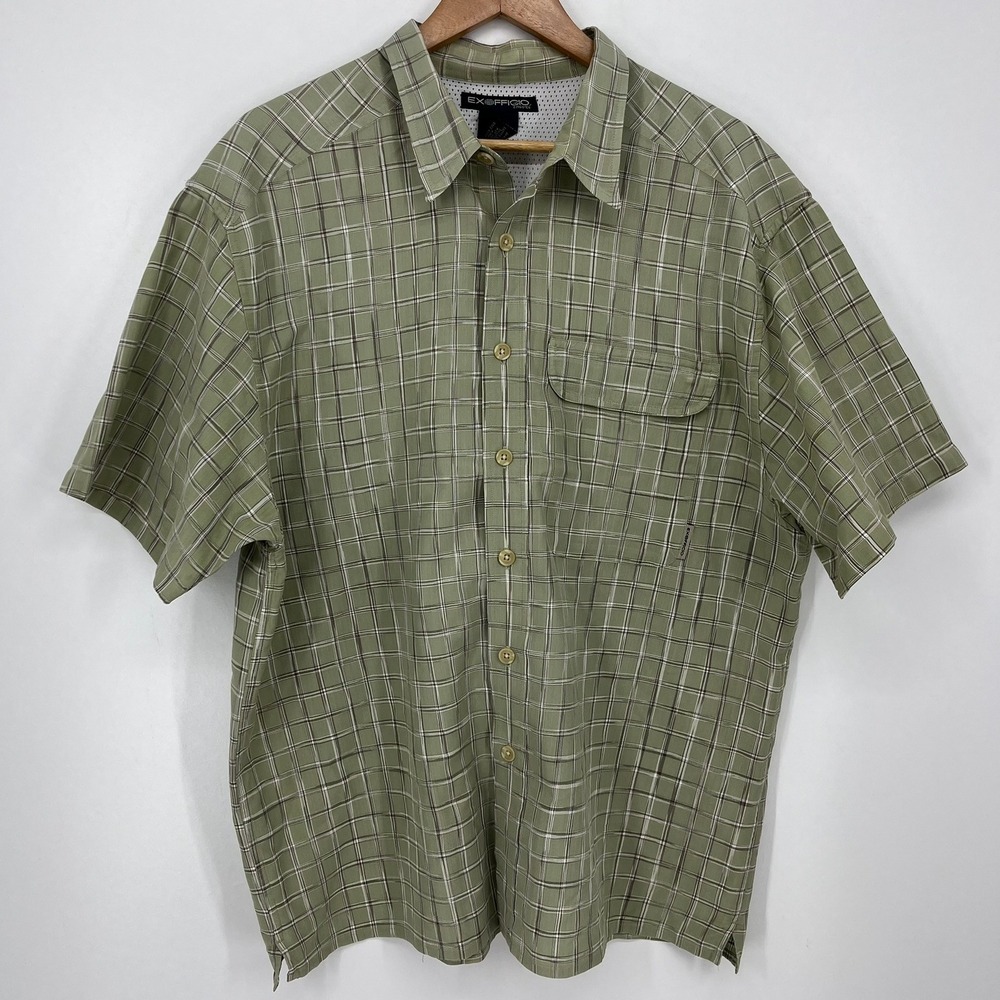 ExOfficio Mens XL Sage Green Plaid Short Sleeve Ventilated Travel Shirt